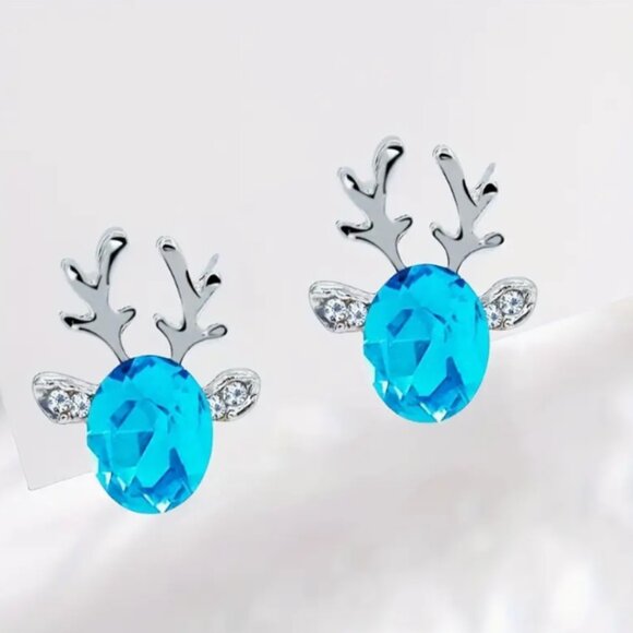 New Fashion Holiday Light Blue Rhinestone Antler Stud Earrings - Picture 1 of 1